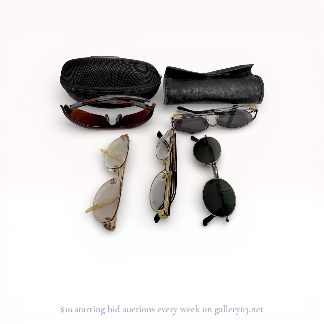 Mixed Lot Designer Sunglasses and Eyeglasses Including YSL and Armani, Group of 5, With 2 Cases: Group of authentic designer eyeglasses and sunglasses, including multiple frame styles and lens types. The group features metal and plastic frames in varied shapes, with both tinted and clear lenses p
