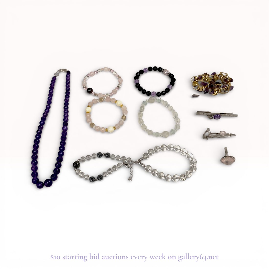 Amethyst and Rose Quartz Necklace Lot with Sterling Silver Tie Bar and Cufflinks: Estate lot offered as shown, including all items visible in the images. Offered as a single lot with no individual examination; contents and condition vary and may include wear, damage, or missing ele