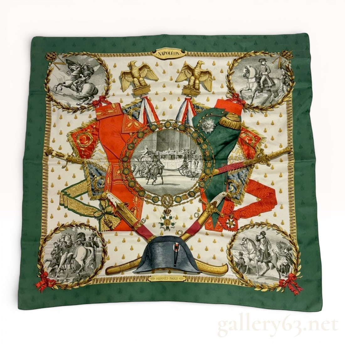 Hermès “Napoleon?? Printed Silk Scarf with Green Border: Hermès silk scarf featuring the “Napoleon” themed print with military and equestrian imagery. Design having a central medallion motif framed by ornamental detailing and ribbon accents