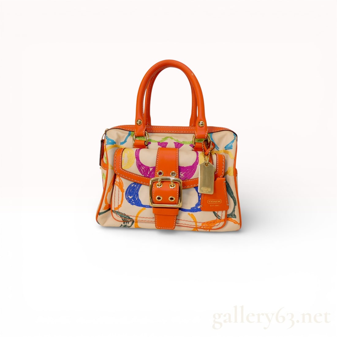 Vintage Coach 2004 Scribble Print Canvas Barrel Satchel Bag Featuring Orange Leather Trim and Front: this is such a fun early-2000s Coach moment.. the Scribble print is so collectible, and the orange leather + buckle front is a great detail. Vintage Coach 2004 Scribble print canvas barrel satchel bag