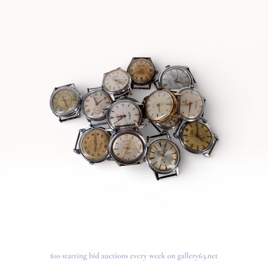 14 Piece Mens Watch Face Set featuring Seiko, Enika and Citizen: Authentic group of vintage wristwatches featuring assorted brands and dial designs, presented without straps. The watches include round cases in mixed metal finishes, with a variety of dial styles inc