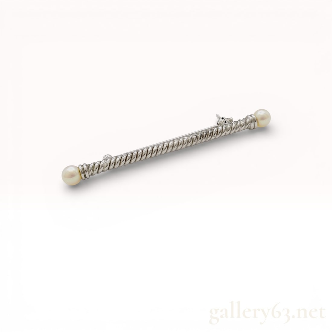 Tasaki 5.4mm Sterling Silver Bar Brooch Pin with Cultured Pearl End Accents: Authentic Tasaki sterling silver bar brooch featuring a textured twisted rope-style design finished with round cultured pearl accents at each end. Slim linear form offering a classic Tasaki pearl deta