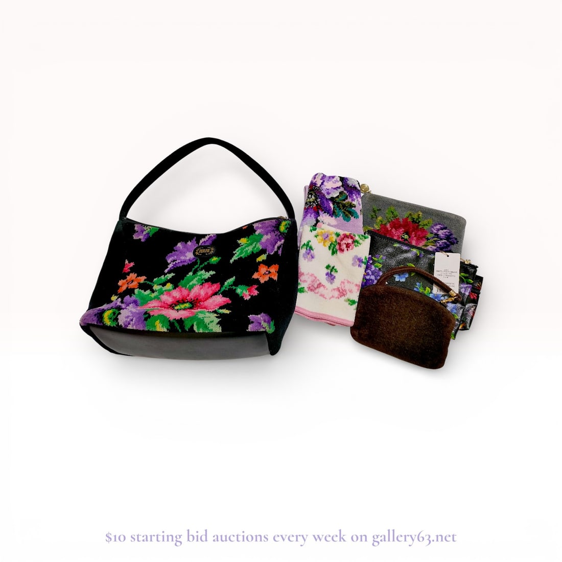 Feiler Floral Handbag, Pouch, and Handkerchief Lot (Estate Accessories Set): Estate lot offered as shown, including all items visible in the images. Offered as a single lot with no individual examination; contents and condition vary and may include wear, damage, or missing ele