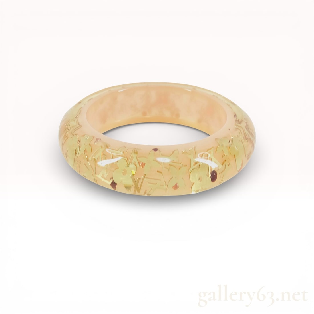 Louis Vuitton Inclusion Bangle M65607 Rose with Box & Papers 7.25": Authentic Louis Vuitton Inclusion bangle in rose pink resin, featuring embedded gold-tone monogram flowers and LV logos. Rounded silhouette with smooth polished surface. Signed “Louis Vuitton”