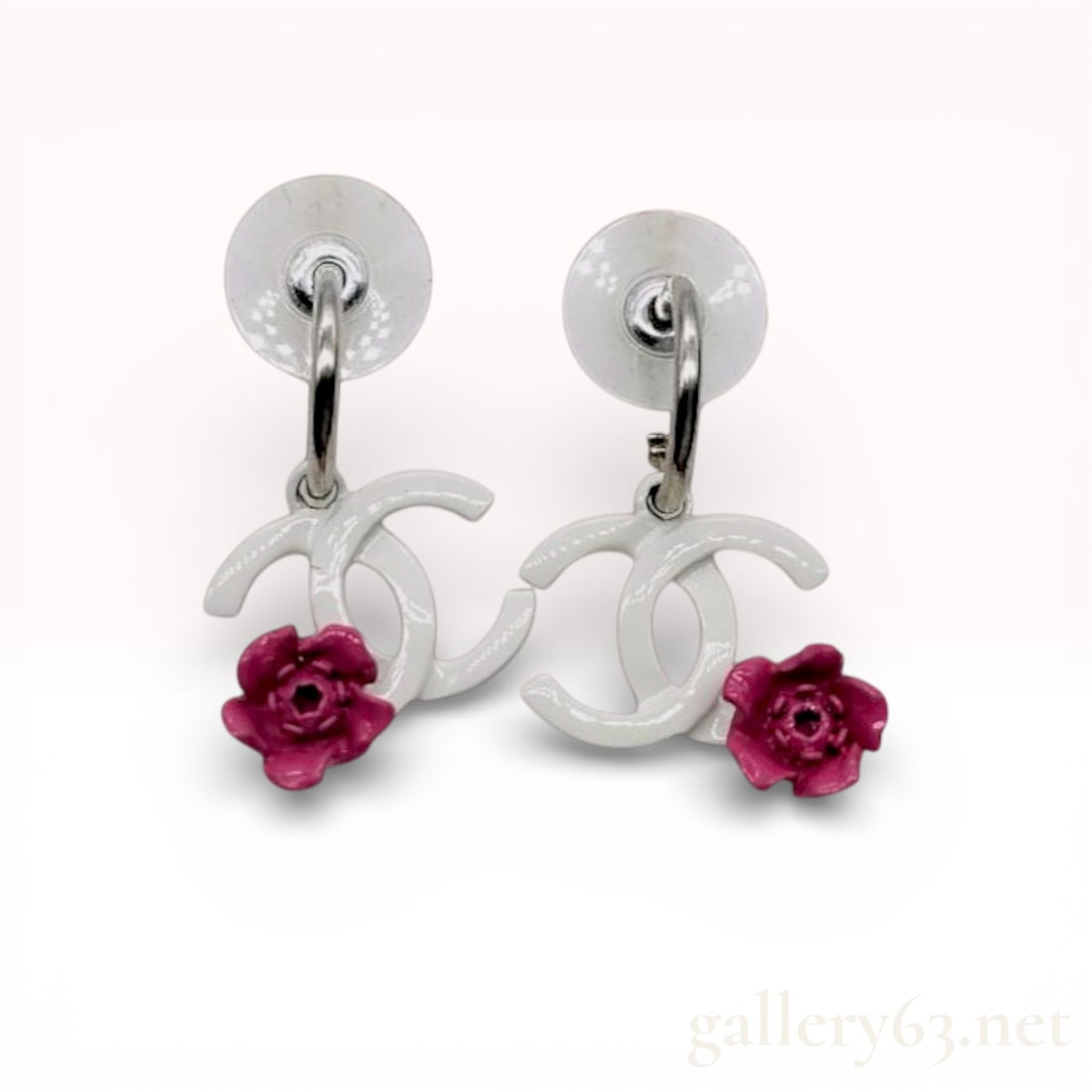 Chanel 04P CC White Enamel Rose Drop Earrings w/Box 2004 Spring (1 of 9)