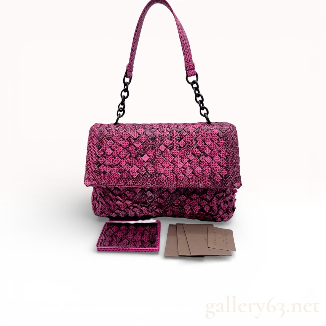 Bottega Veneta Intrecciato Snakeskin Baby Olimpie Bag: Shoulder bag having flap-front rectangular form featuring pink intrecciato woven leather throughout. Bag having single leather shoulder strap joined to body with dark chain-link hardware. Flap lifting