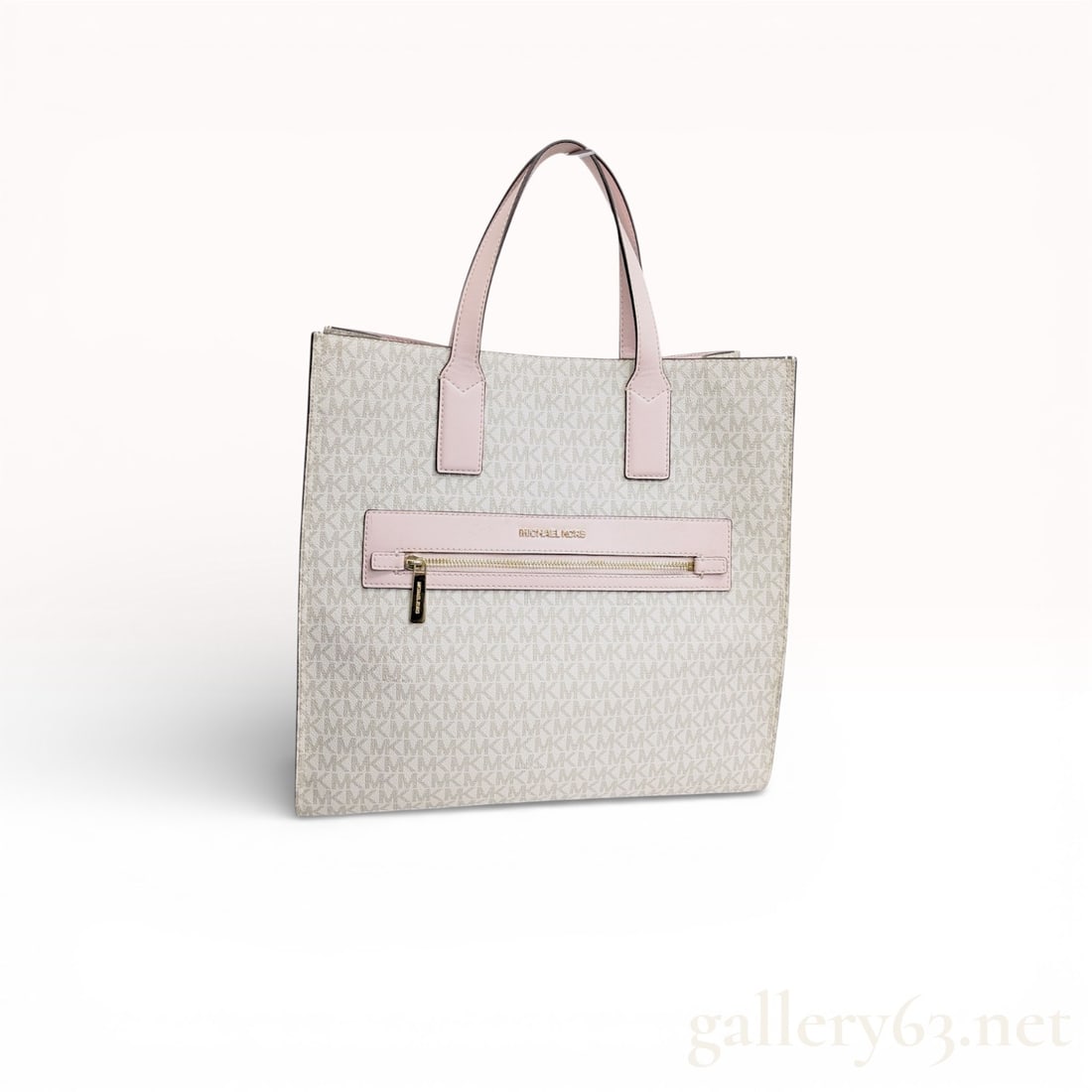 Michael Kors Pink and Grey MK Logo Tote Bag: Authentic Michael Kors grey canvas with MK logo monogram and pink leather handle tote bag. Quilted interior with pink leather accents.