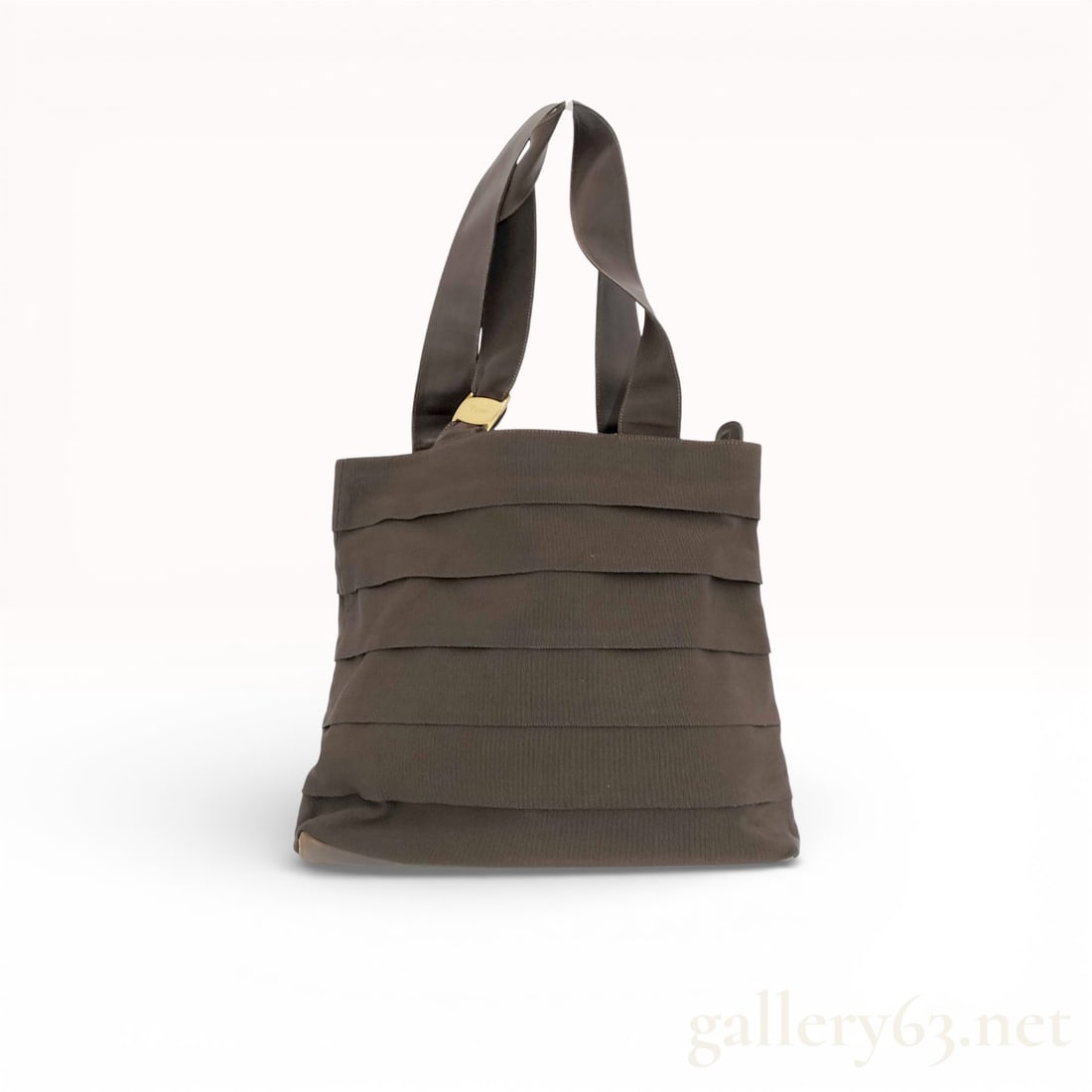 Salvatore Ferragamo Vara Ribbon Fabric Tote Bag: Salvatore Ferragamo tote bag having a rectangular form with open top and double handles. Featuring brown grosgrain fabric exterior with layered horizontal ribbon design. Set with a small gold-tone Var