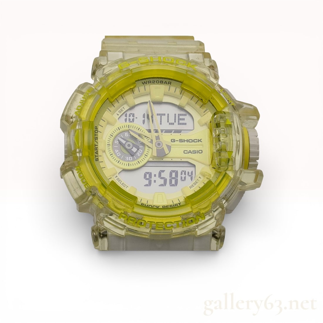 Casio G-Shock GA-400SK Transparent Yellow Resin Men’s Watch: Casio g-shock ga-400sk men’s watch, authentic. limited edition semi-transparent yellow resin case and strap with bold digital-analog display. features multiple functions including world time, stopwa