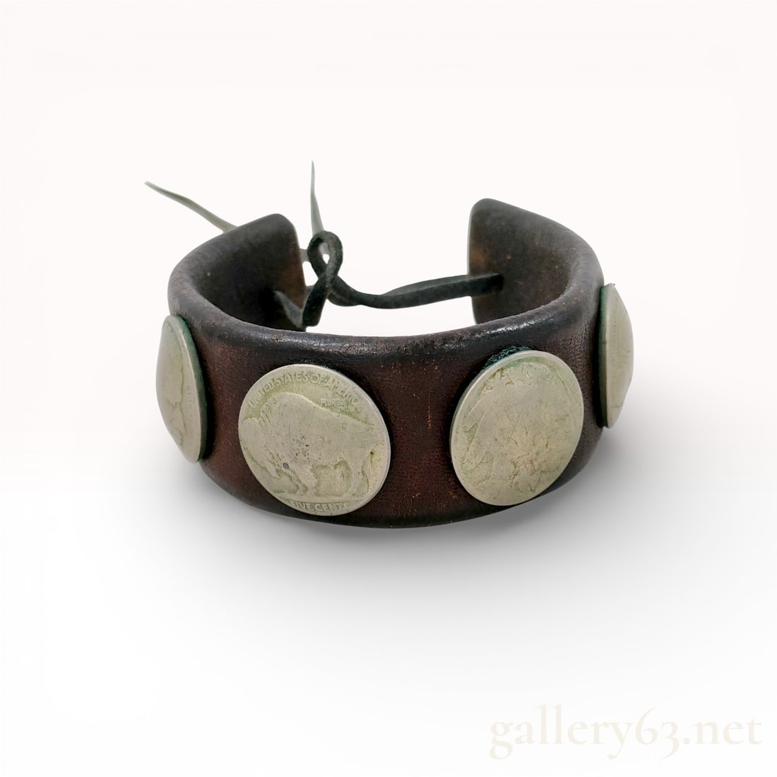 Brown Leather Cuff with US Buffalo Nickels Conchos: brown leather cuff bracelet featuring several genuine US Buffalo Nickels as conchos