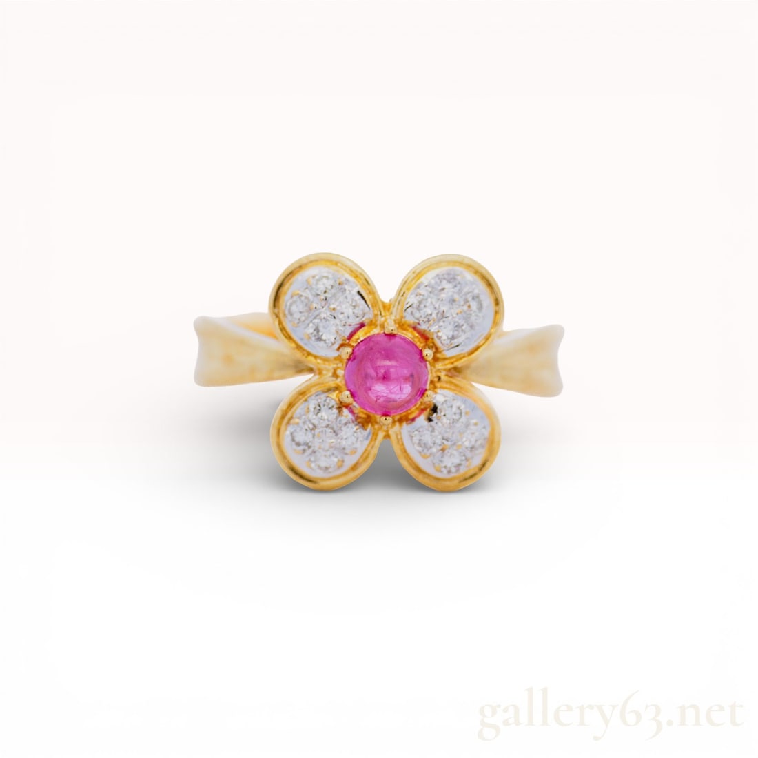 18k Yellow Gold Natural Diamond Ruby Floral Ring Size 6: 18k Yellow gold diamond ruby floral ring with .46 carat of ruby and .23 carats of diamonds. All natural stones. 5.7 grams total weight. Size 6. 5.6 grams = $671