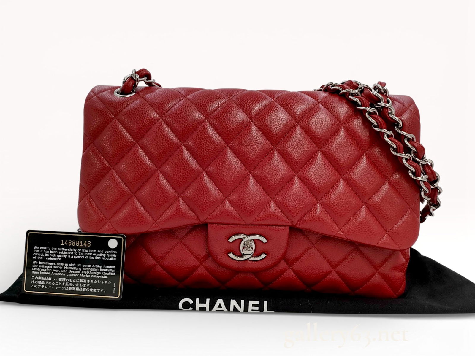 Chanel Jumbo Classic Double Flap Bag in Red Caviar Leather with Silver-Tone Hardware, 14 Series,: Authentic Chanel Jumbo Classic Double Flap bag in red caviar leather with a structured, timeless silhouette. Iconic quilted finish and substantial size balanced by a chain strap that wears comfortably