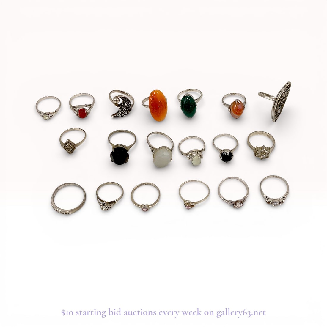 Retro Sterling Silver 925 Rings with Assorted Gemstones Estate Lot, 19 Pieces, Approx. 44g Total (1 of 9)