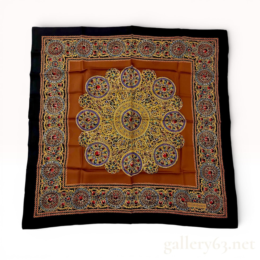 Yves Saint Laurent Large Format Silk Scarf with Ornate Jewelry Motif and Black Border 90cm (1 of 7)
