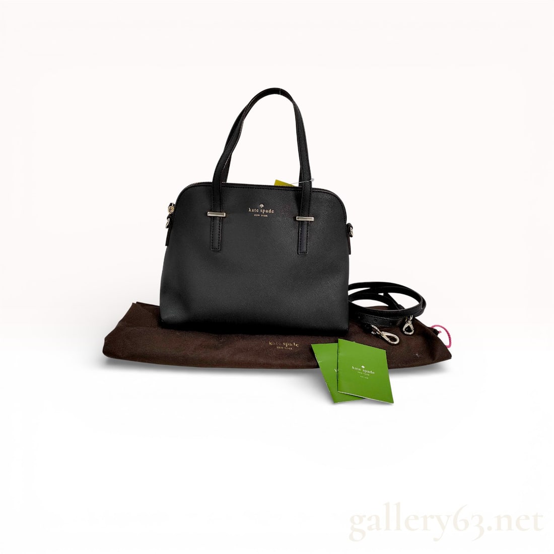 Kate Spade Cedar Street Black Leather 2-Way Satchel Shoulder Bag with Dust Bag: Kate Spade Cedar Street satchel crafted in black saffiano leather featuring a structured dome silhouette. Designed with dual top handles, top zip closure, and a detachable shoulder strap for crossbody