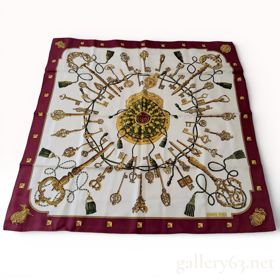 Hermès Carré "Les Cles" Silk Scarf with Key and Tassel Motif in Cream and Bordeaux, 90cm (1 of 10)