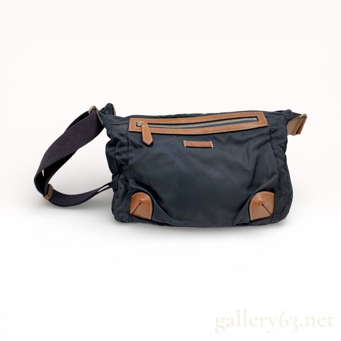 Barneys New York Navy Nylon Shoulder Bag with Tan Leather Trim and Adjustable Strap (1 of 8)