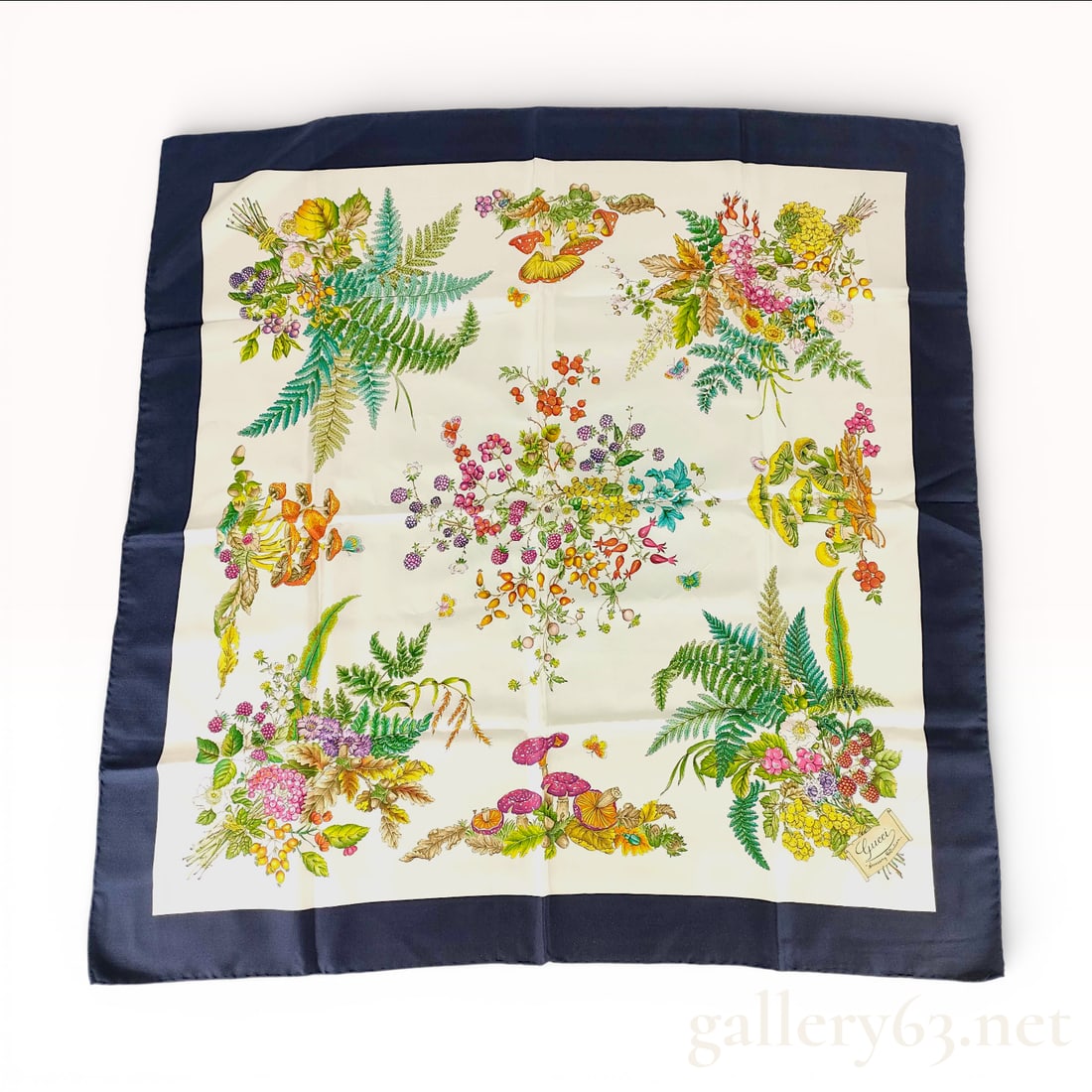 Gucci Floral Botanical Print Large Format Silk Scarf with Navy Border 90cm (1 of 10)