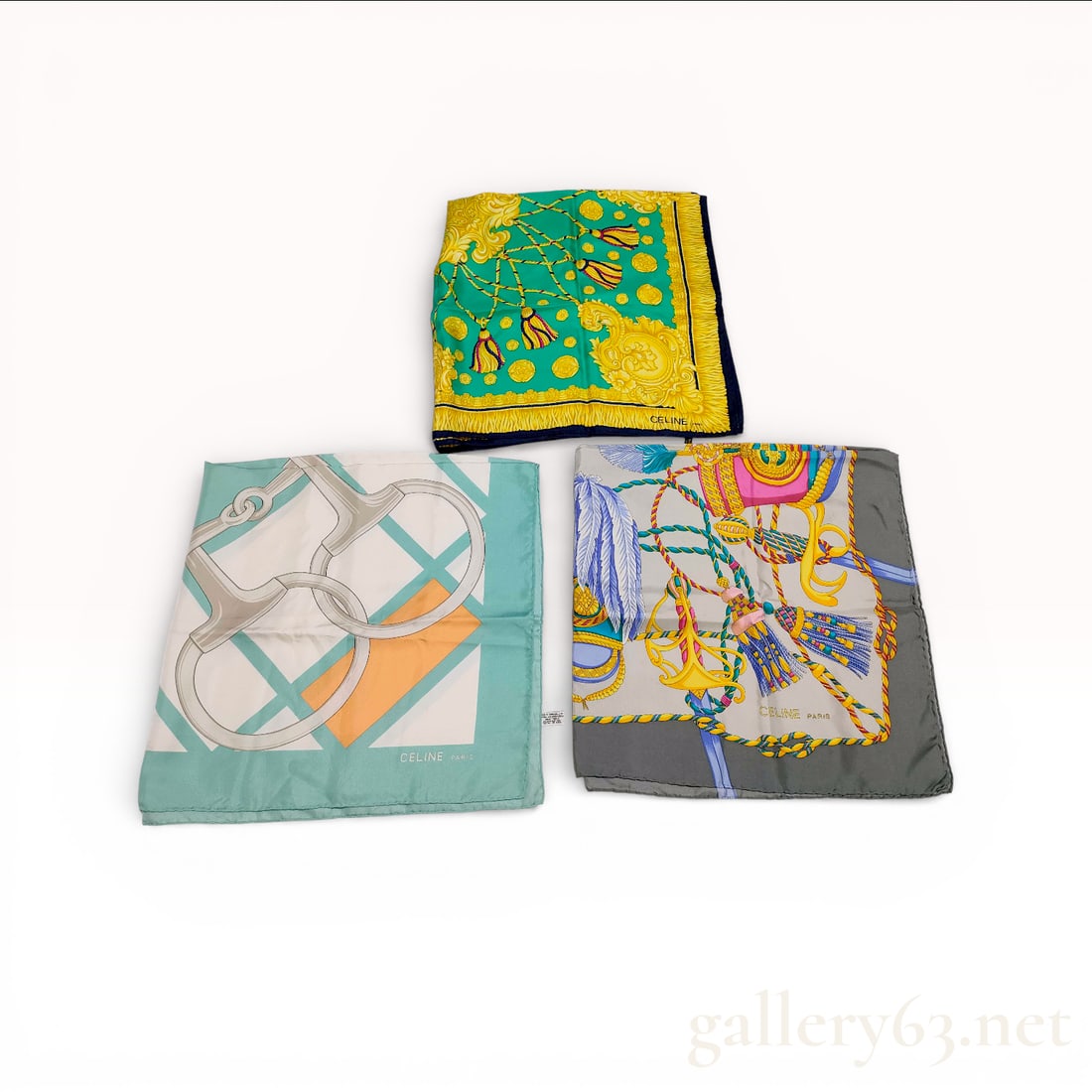 Celine Silk Scarf Collection Set of Three with Equestrian and Geometric Prints (1 of 10)