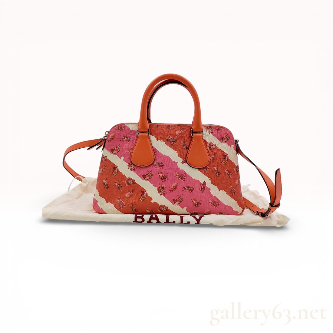 Bally Berkeley Medium Leather Top Handle Bag Blaze Mix with Dust Bag: Authentic Bally Berkeley Medium top handle bag in the Blaze Mix pattern. The bag features a structured dome silhouette with dual rolled leather top handles and a detachable shoulder strap. The exterio