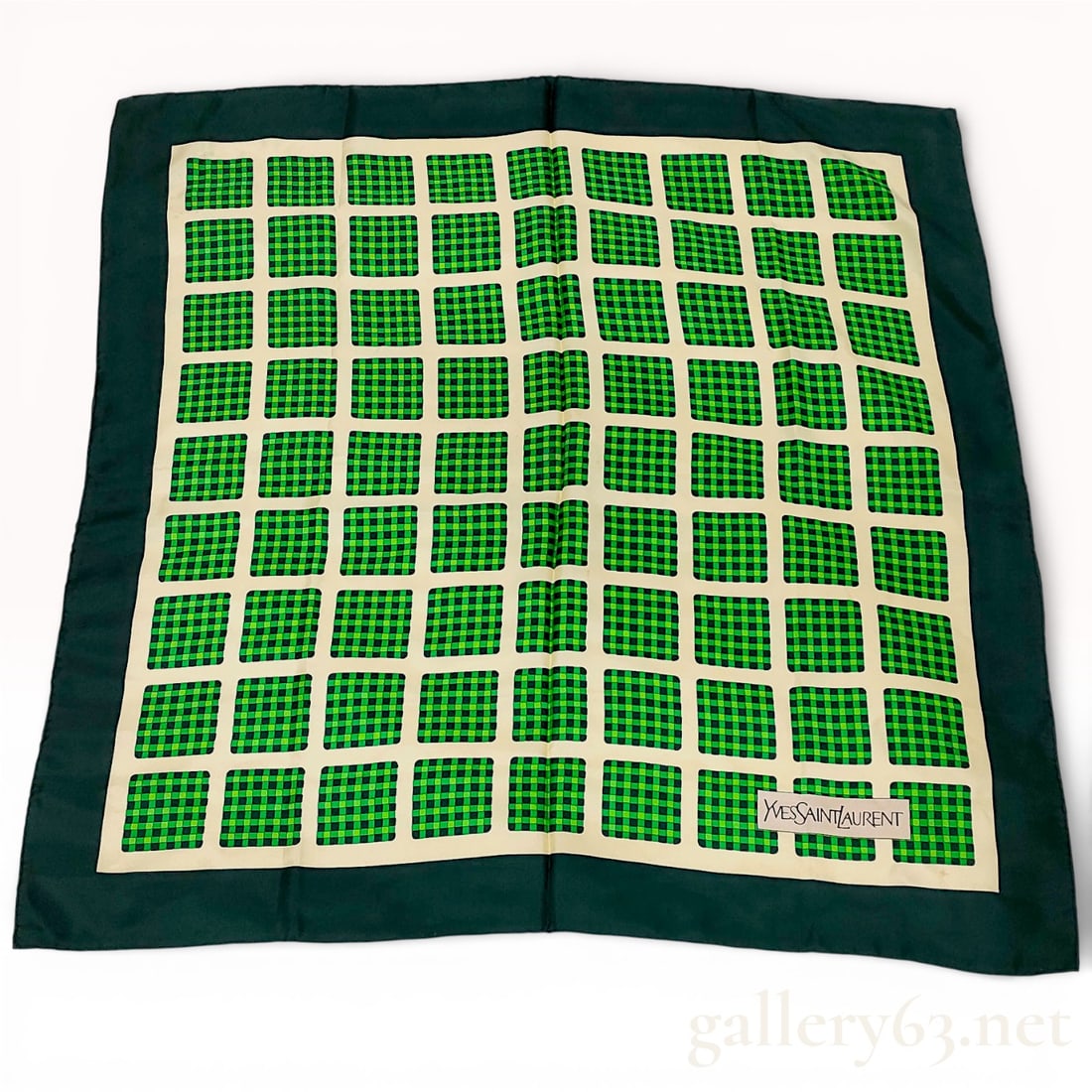 Yves Saint Laurent Green Check Silk Scarf 80cm with Cream Grid and Dark Green Border (1 of 8)