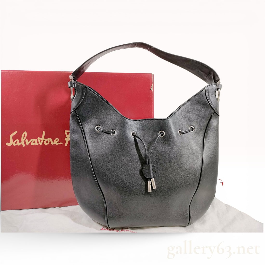 Salvatore Ferragamo Black Leather Drawstring Hobo Bag with Box (1 of 10)