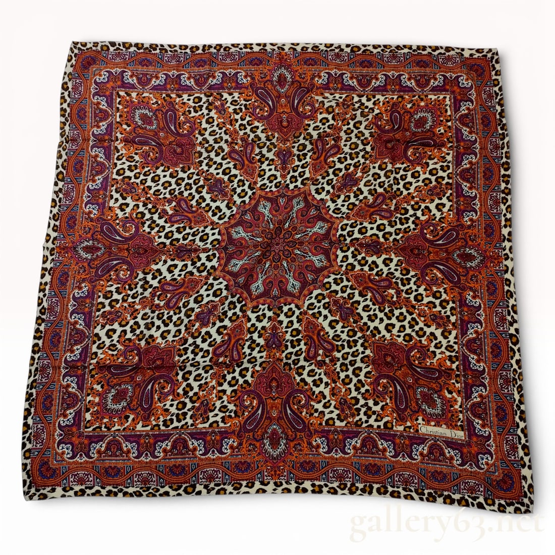 Christian Dior Large Format Silk Scarf with Leopard Print and Ornate Paisley Border 105cm (1 of 9)