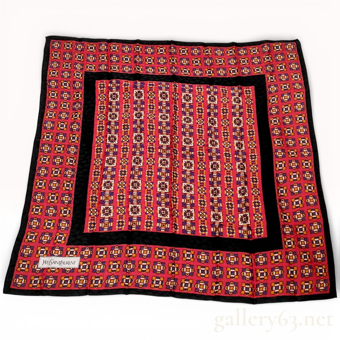 Yves Saint Laurent Silk Scarf with Geometric Tile Print in Red and Black 85cm (1 of 5)