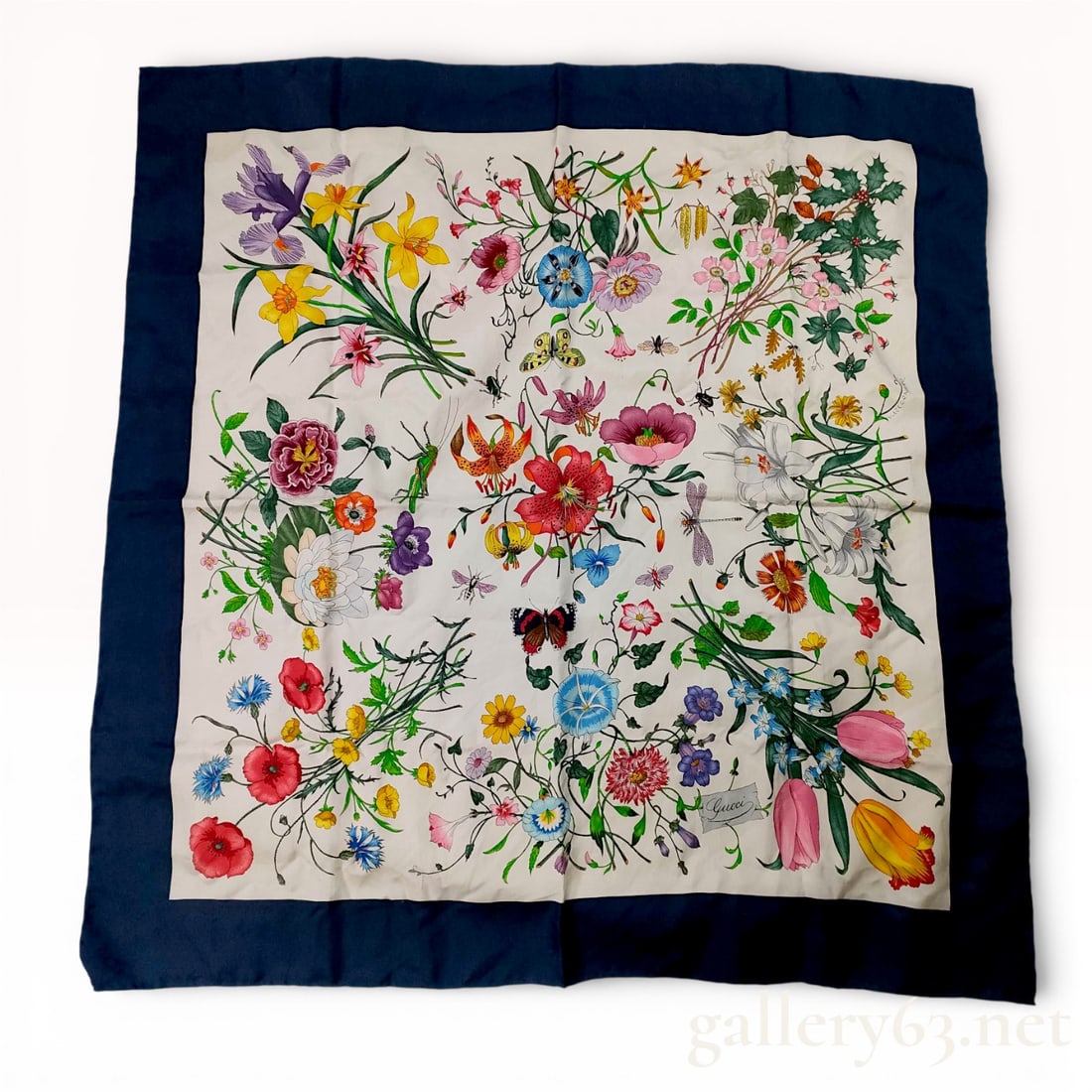 Gucci Flora Print Silk Scarf with Navy Border (1 of 10)