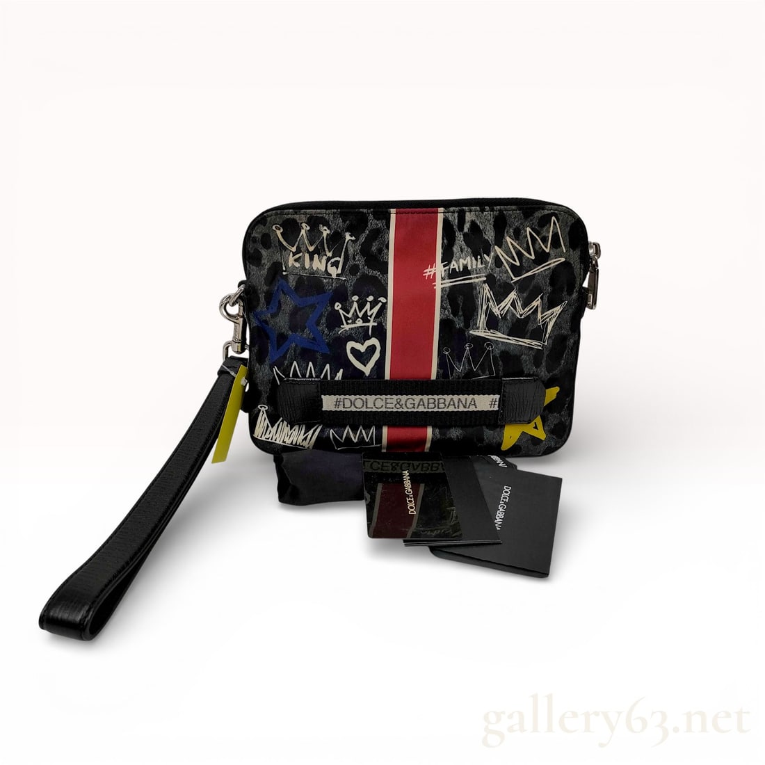 Dolce & Gabbana Graffiti Print Bag with Authentication Card and Dust Bag: Authentic Dolce & Gabbana bag in black coated canvas featuring graffiti-style crown, heart, and script motifs with central red and white stripe detail. The compact rectangular silhouette includes