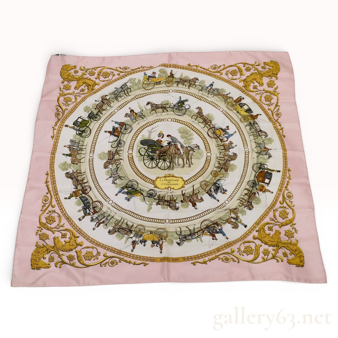 Hermès “La Promenade de Longchamps?? Carré Silk Scarf in Pink with Equestrian Carriage Motif (1 of 7)