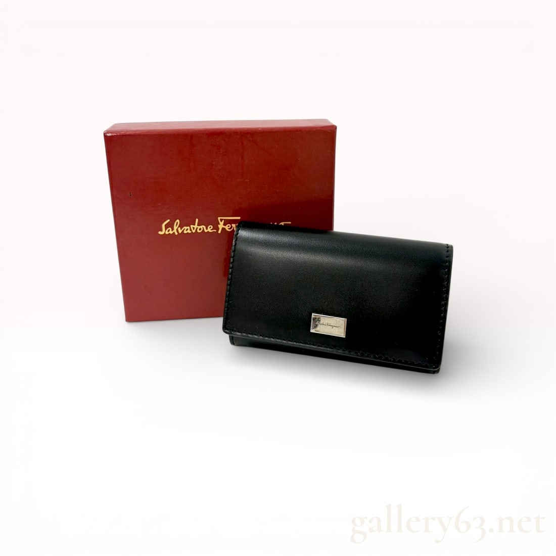 Salvatore Ferragamo Black Leather Key Case with Logo Plaque and Box (1 of 5)