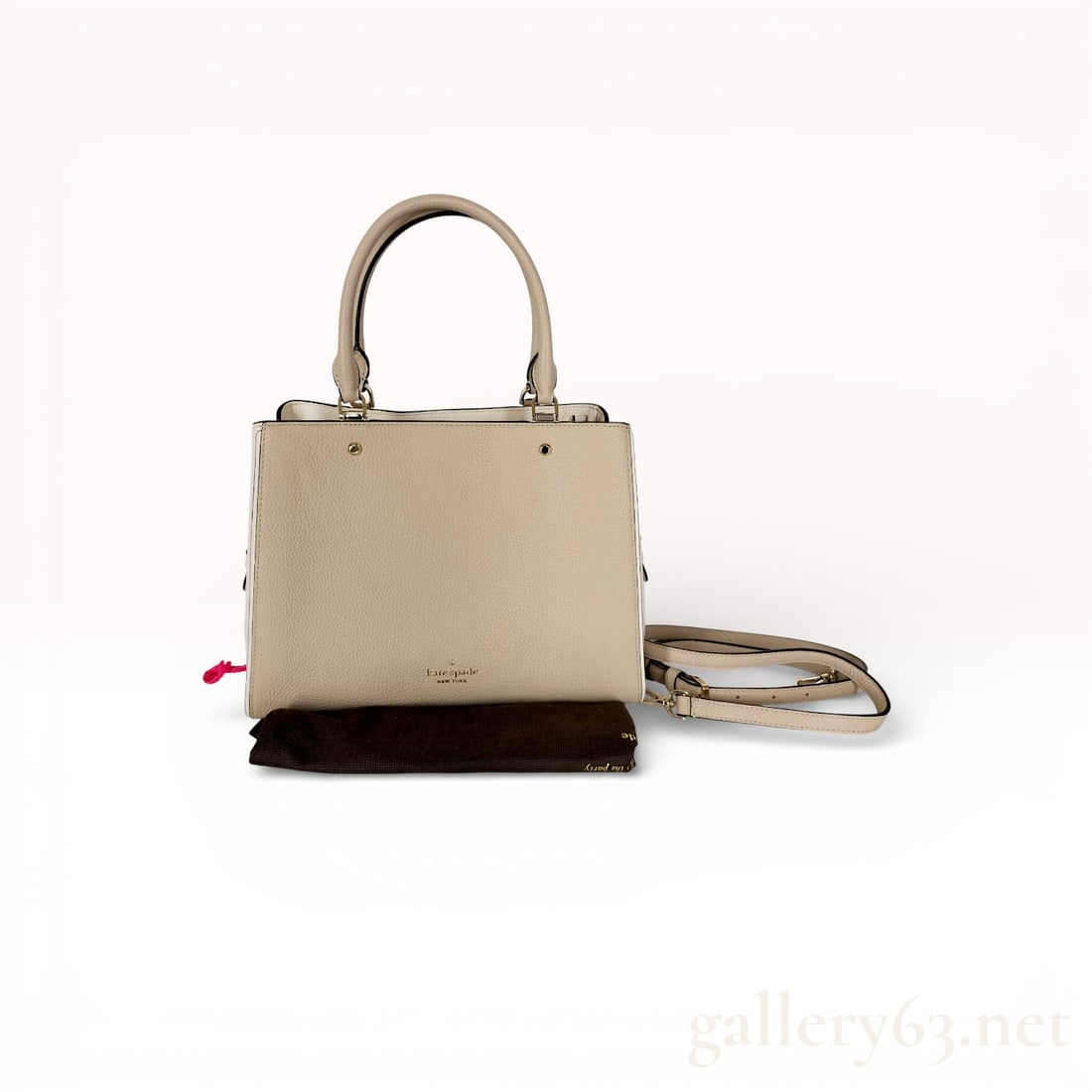 Kate Spade Beige Pebbled Leather 2-Way Satchel Handbag with Detachable Shoulder Strap and Dust Bag: Kate Spade 2-way satchel handbag crafted in beige pebbled leather featuring a structured rectangular silhouette. Designed with dual top handles and a detachable shoulder strap for crossbody or hand ca
