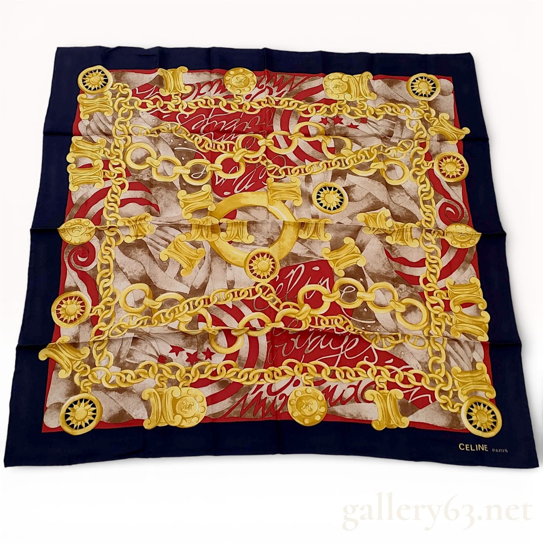 Celine Paris Silk Scarf with Gold Chain and Medallion Motif and Navy Border (1 of 8)