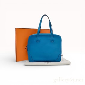 Hermès Victoria II 35 Tote Bag in Blue Clemence Taurillon Leather, Palladium-Tone Hardware, with