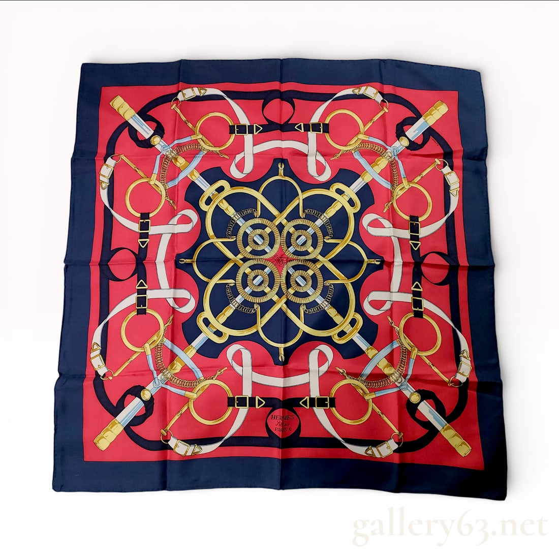 Hermès 90 cm Carré “Golden Spur?? Silk Scarf with Red and Navy Equestrian Print Éperon d'Or (1 of 10)
