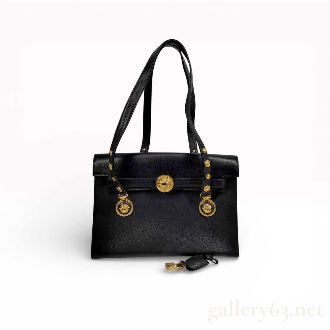 1990s Gianni Versace Couture Gold Medusa Stud Black Leather Shoulder Bag (1 of 10)