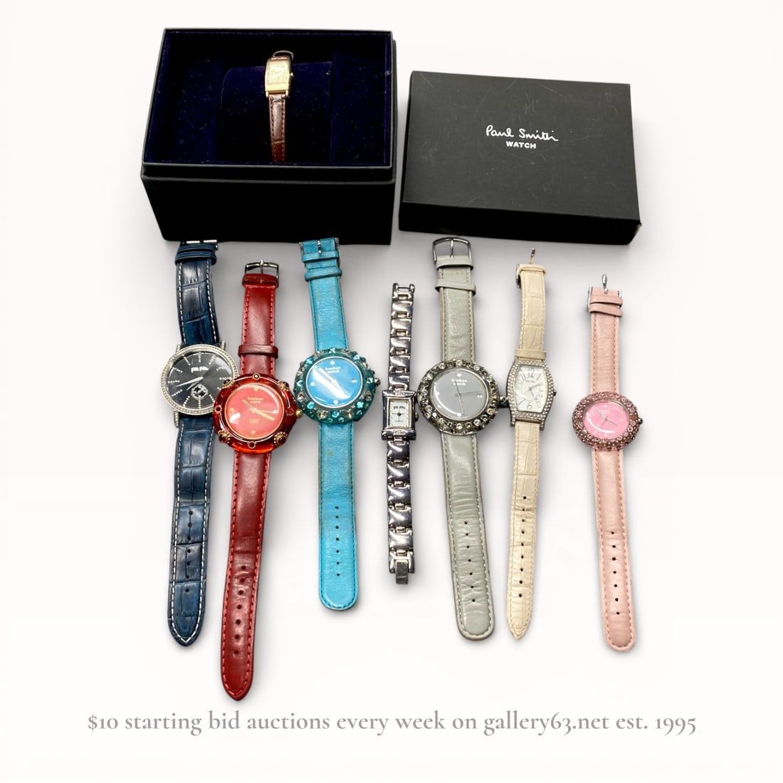 Paul Smith, Folie Folie, Bonbon Watch Assorted Set: Assorted wristwatch set including multiple fashion watches. Group featuring a Paul Smith rectangular case watch presented in original box, set with a leather strap. Accompanied by additional round and