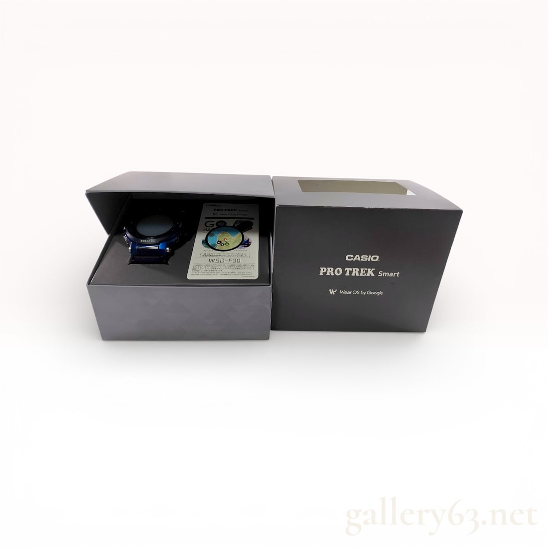 Casio Pro Trek Smart WSD-F30 Outdoor Smartwatch: Casio Pro Trek Smart outdoor watch, reference WSD-F30. Features a quartz movement powered by Wear OS by Google. The case is constructed from blue and black resin with a stainless steel case back. The