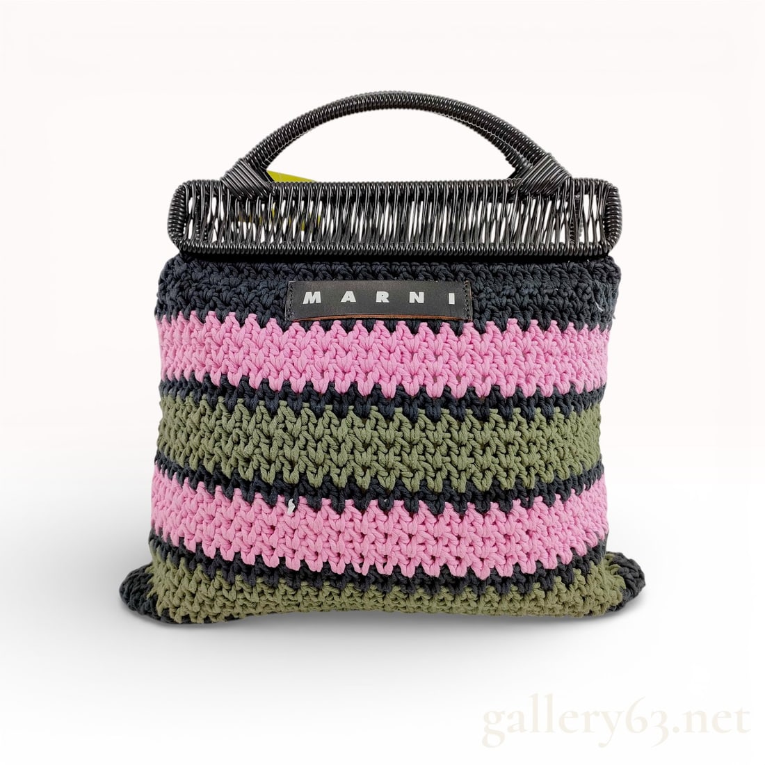Marni Market Striped Crochet Wool Top Handle Bag Pink and Green: This Marni Market top handle bag is crafted from hand-crocheted wool yarn in a vibrant striped pattern of pink, olive green, and charcoal. Part of the artisanal Marni Market collection, the piece feat