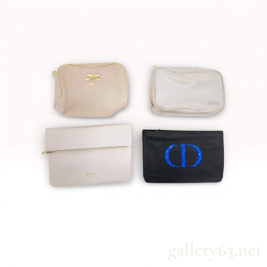 Christian Dior Beauty Assorted Cosmetic Pouch and Clutch Collection: This collection features four assorted cosmetic pouches and clutches from the Christian Dior Beauty promotional line. The set includes a cream woven textile pouch with gold-tone piping and a bow embel