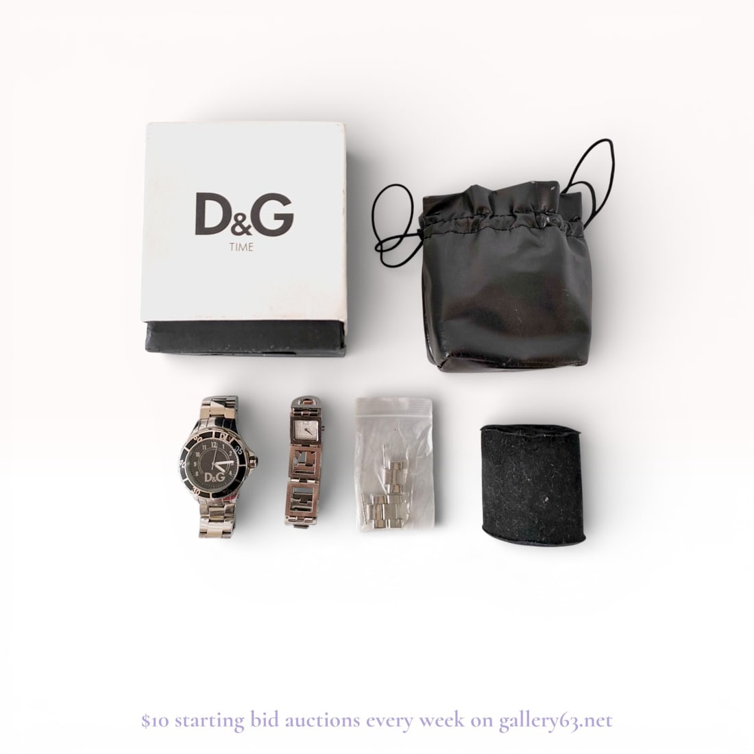 A Pair of Dolce & Gabbana D&G Time Stainless Steel Wristwatches: Brand: Dolce & Gabbana (D&G). Model: Time Licensed Round and Logo Link Rectangular. Reference: Not specified. Movement: Quartz. Case Material: Stainless steel. Dial: Black dial with silver-ton