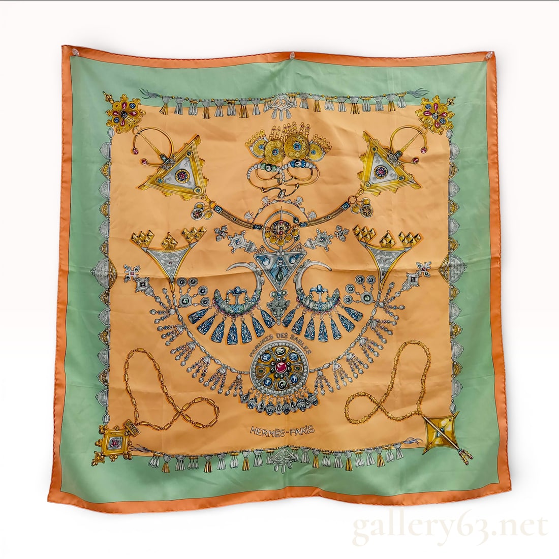 Herm?¨s Silk Carr?© Scarf, Parures des Sables: This authentic Herm?¨s square silk scarf, titled "Parures des Sables" (Jewelry of the Sands), was designed by artist Laurence Bourthoumieux. Crafted from 100% silk twill, the pattern features intrica