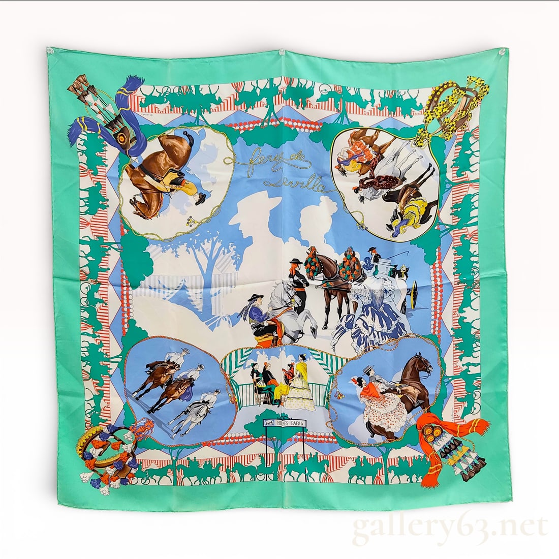 Herm?¨s Silk Scarf Feria de Sevilla: Herm?¨s Paris silk scarf featuring the Feria de Sevilla pattern designed by Hubert de Watrigant. This 100 percent silk accessory showcases various festive scenes from the traditional Spanish fair, in