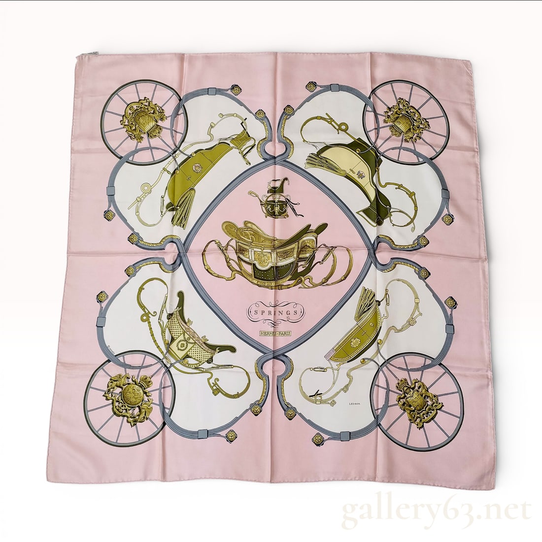 Herm?¨s Silk Carr?© 90 Scarf, 'Springs' Pattern: This authentic Herm?¨s Carr?© 90 silk scarf features the iconic "Springs" design by Philippe Ledoux, originally released in 1974. Crafted from 100% silk twill, the pattern showcases a symmetrical ar