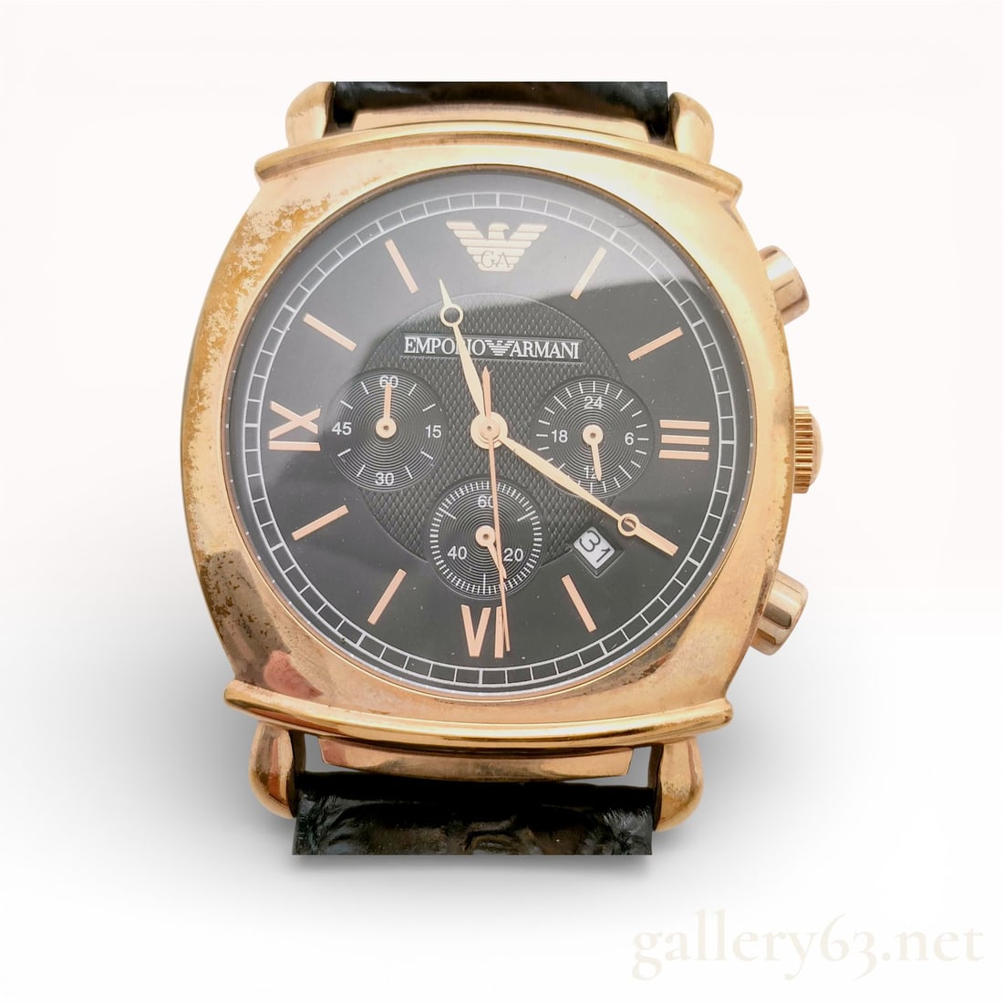 Emporio Armani Men's Chronograph Wristwatch, Ref. AR-0321: Emporio Armani, model AR-0321, quartz movement, gold-tone finish over solid stainless steel case, black textured dial featuring rose gold-tone Roman numeral and stick hour markers, three chronograph s