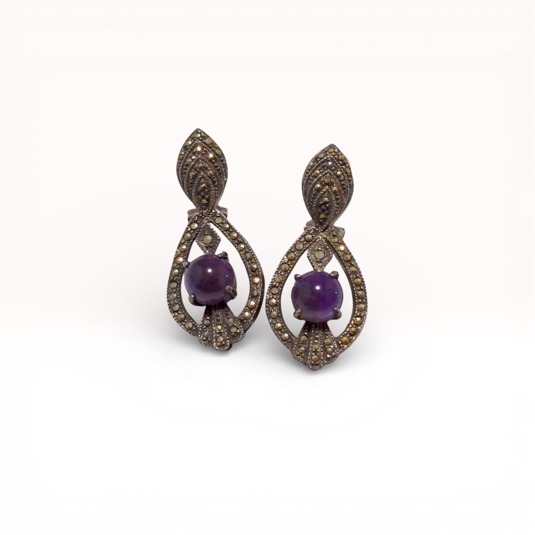 Sterling Silver Amethyst and Marcasite Art Deco Style Clip-On Drop Earrings (1 of 5)