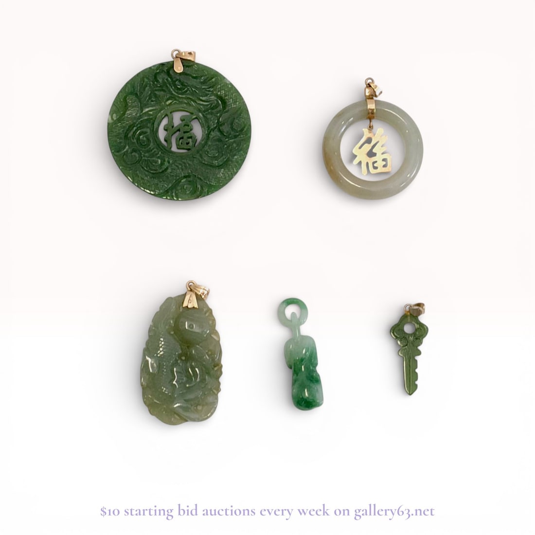 18K Yellow Gold and Carved Chinese Jadeite Pendant Collection: A collection of five Chinese carved jadeite pendants featuring 18K yellow gold bails and accents. The group includes a large dark green circular pendant hand-carved with a dragon motif and a central o