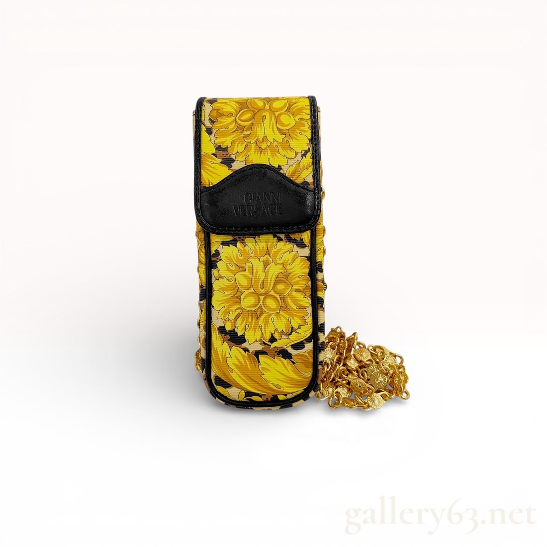 Gianni Versace Vintage Baroque Leopard Print PVC Chain Mobile Case 1990s: A vintage Gianni Versace mini shoulder pouch, designed as a mobile phone case or accessory pochette. This 1990s piece features a dual-patterned design with a vibrant yellow baroque floral motif on the