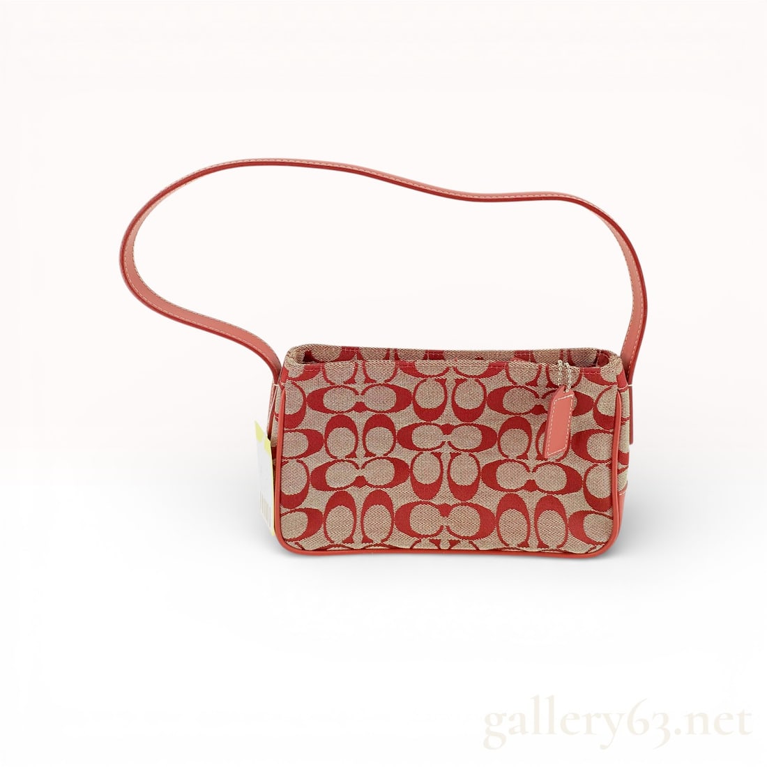 Coach Signature Demi Pouch Baguette, Jacquard Canvas and Leather, Red and Khaki: This vintage Coach Demi Pouch is crafted in the brand's signature C jacquard canvas in a striking red and khaki colorway. Designed in a classic baguette silhouette, the bag features red leather trim